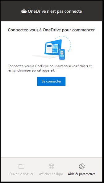 Fenêtre web d'avertissement «OneDrive n'est pas connecté»