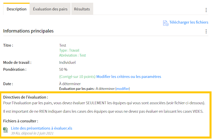 Capture d'écran indiquant la zone des directives de l'évaluation et des fichiers à consulter