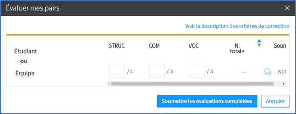 Capture d'écran de la fenêtre «évaluer mes pairs» possédant des critères prédéfinis