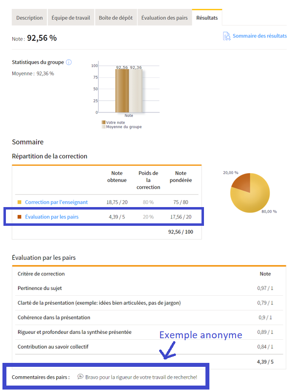 Capture d'écran ciblant l'évaluation des pairs et un exemple anonyme de commentaire de pair