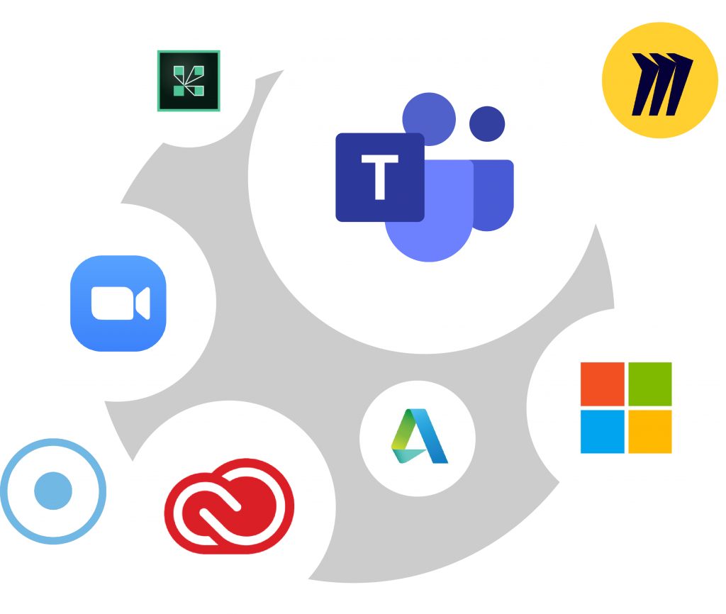 Assemblage visuel de différent logos de logiciels à l'intérieur de bulles flottantes